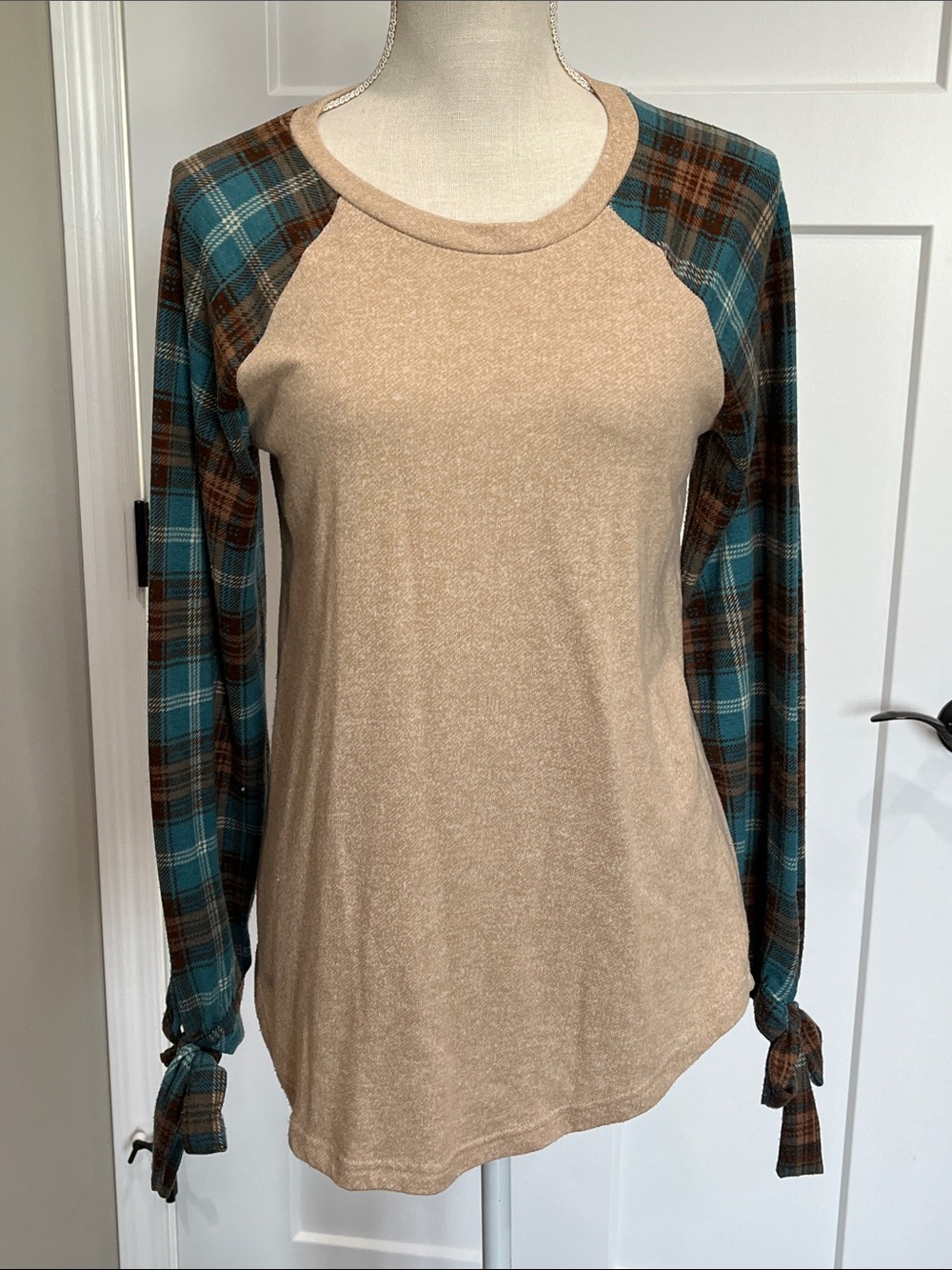 Kori Beige Raglan Top with Teal and Brown Plaid Sleeves
